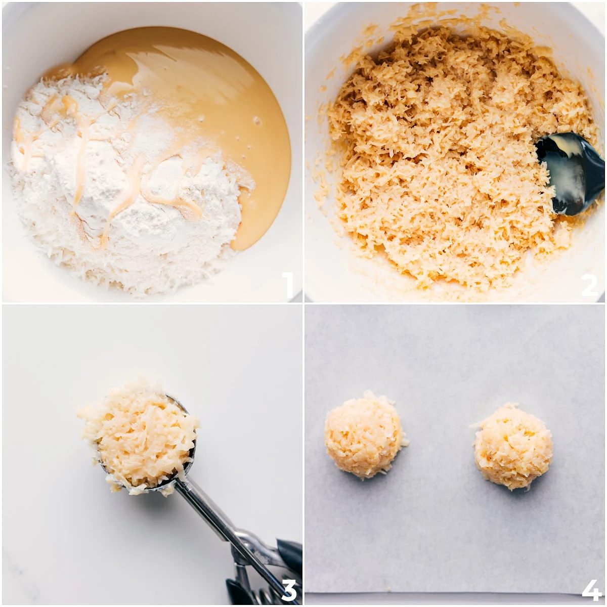 Flour, coconut, oil, sweetened condensed milk, salt, and vanilla mixed together in a bowl, then scooped onto a parchment lined baking pan and baked into satisfying coconut macaroons.