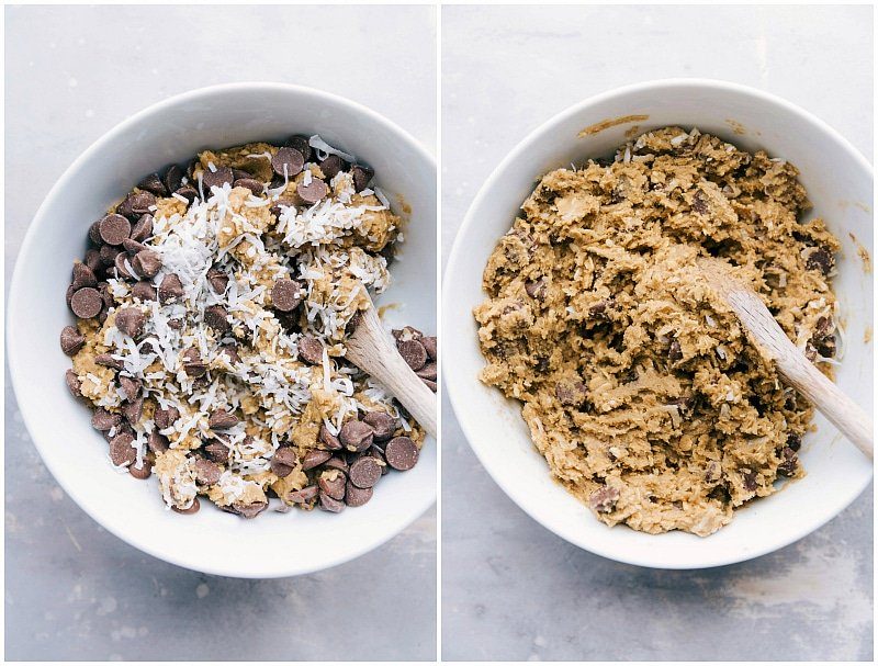 Mixing chocolate chips and coconut into the cookie dough for these satisfying oatmeal coconut cookies, ensuring a delightful blend of flavors and textures.