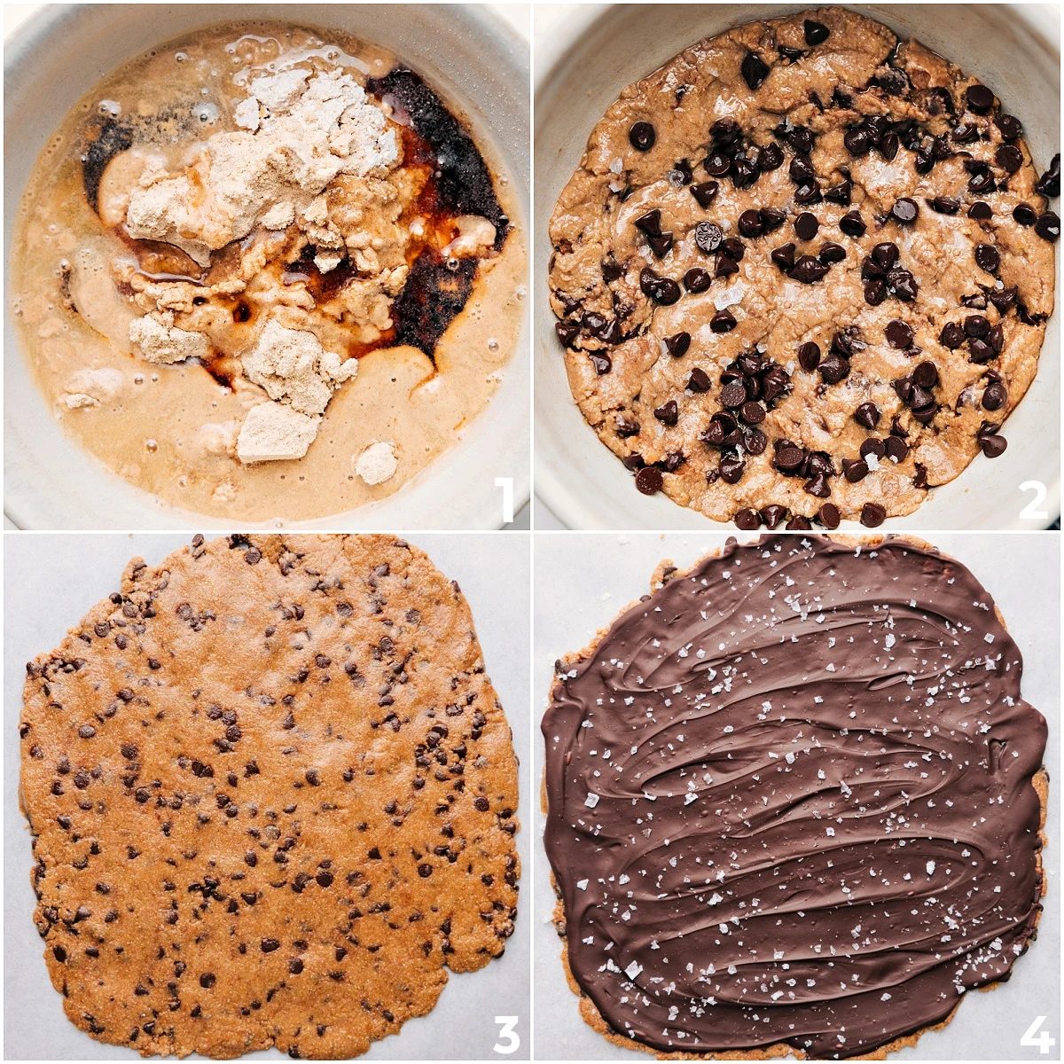 The cookie dough is mixed in a bowl, spread onto parchment paper to chill, then topped with melted chocolate and a sprinkle of flaky sea salt for this cookie dough bark.