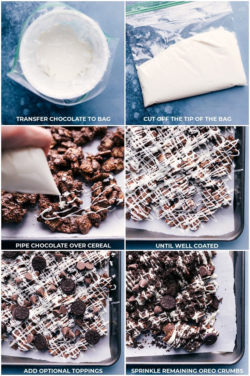 The melted white chocolate being drizzled over the Cookies and Cream Muddy Buddies and additional toppings being added.