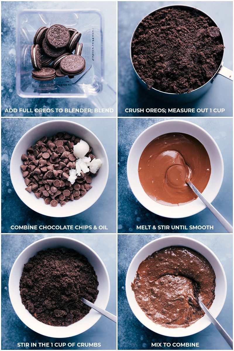 The Oreos being crushed; the chocolate chips being melted; and the Oreo crumbs being mixed into the melted chocolate.