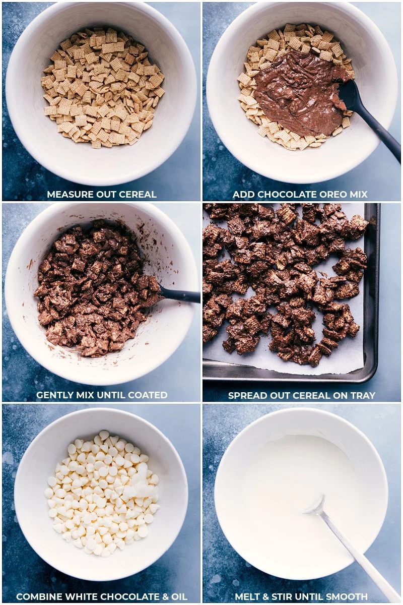 The chocolate being added to the Chex cereal and mixed together; white chocolate being melted for these cookies and cream muddy buddies.