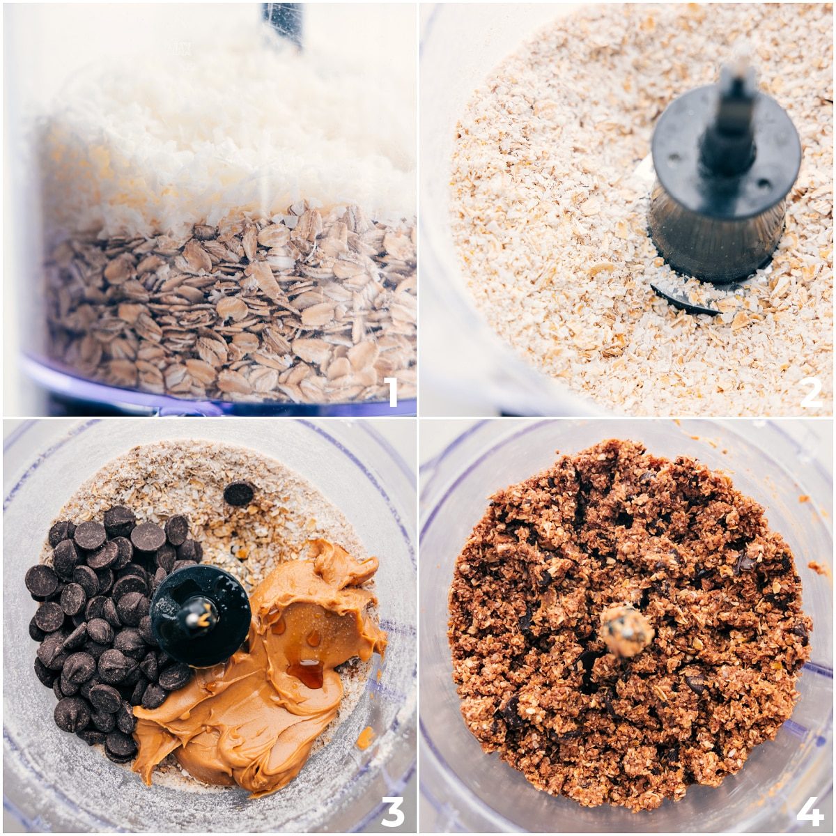 All the base ingredients being added to a food processor and blended together.