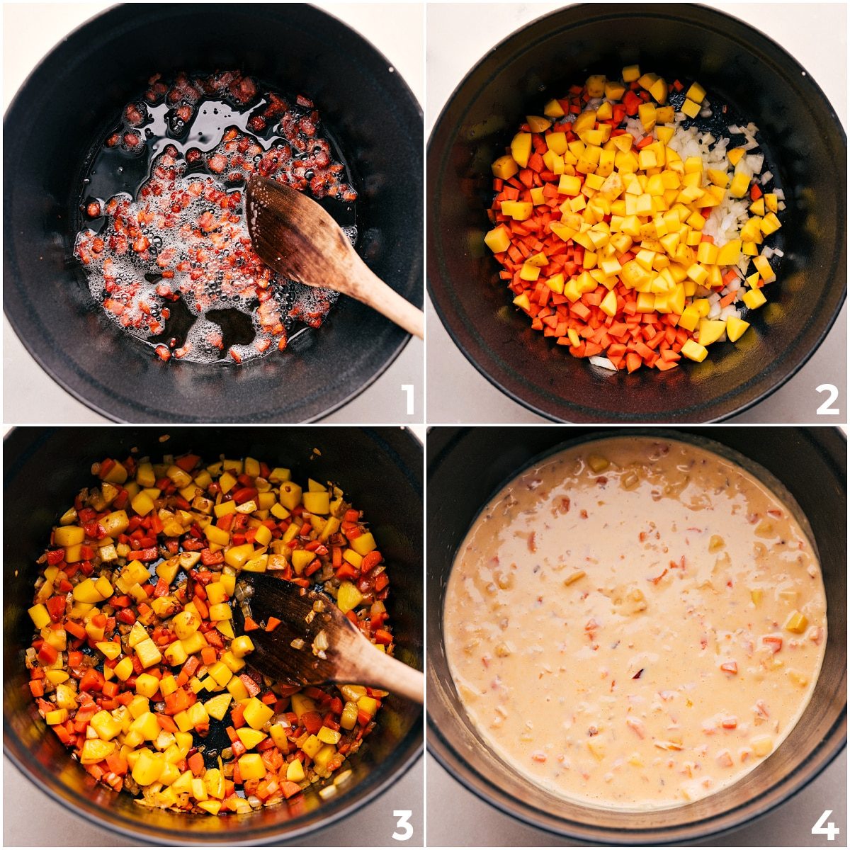 Cook the bacon, then remove it from the pan. Sauté the veggies, mix in butter and flour, then pour in the milk. Season and let it thicken for this corn chowder pot pie.
