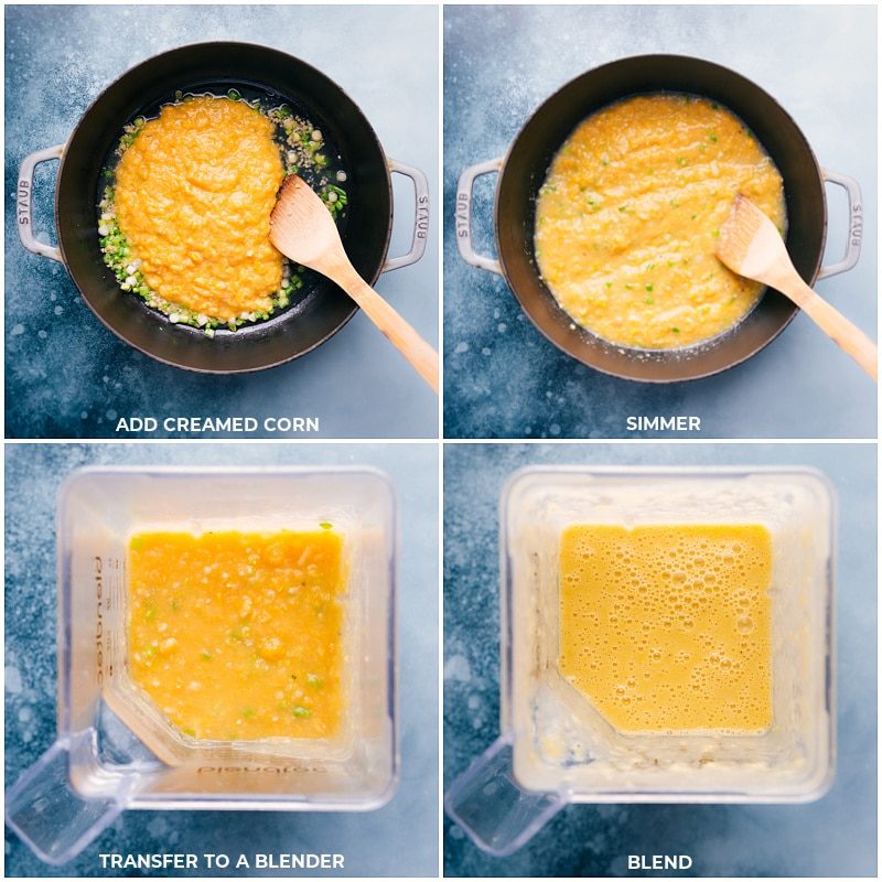 Process shots: Add creamed corn to the pan and simmer; move to a blender and process until smooth.