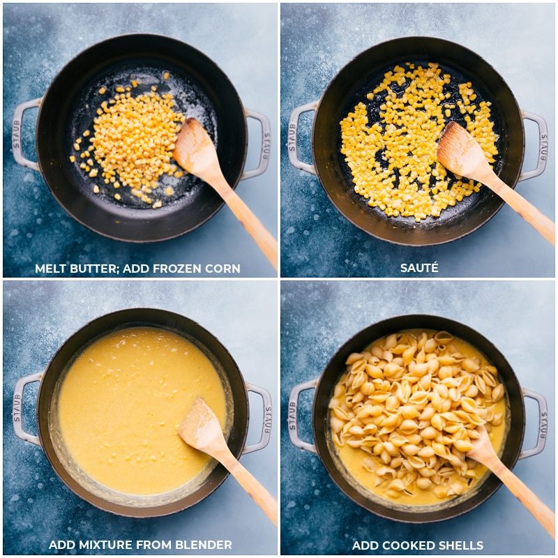 Process shots: melt butter and sauté frozen corn; add in the blended mixture; add in cooked pasta.