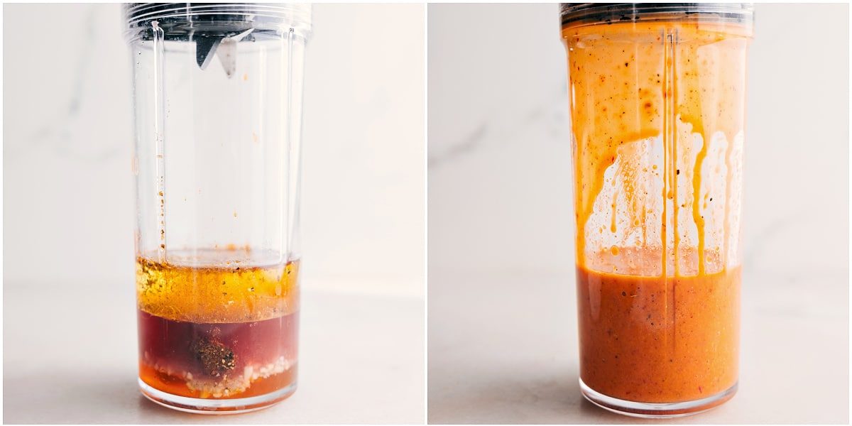 Chipotle-lime vinaigrette in a blender before and after mixing.