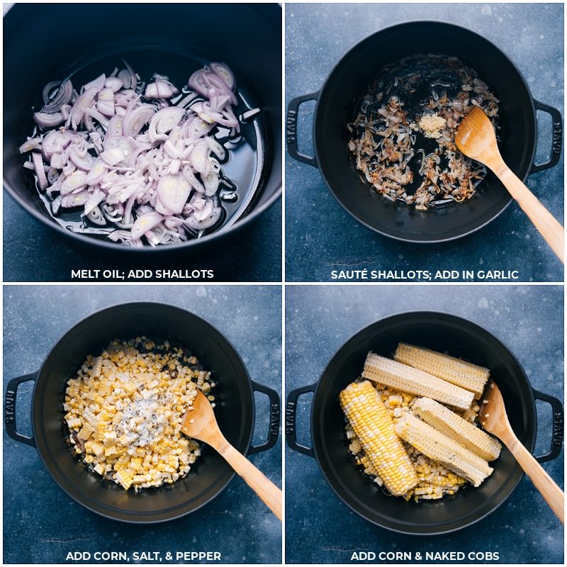 Saute shallots and garlic; add corn, salt and peppers; add corn and the naked cobs for this corn soup recipe.