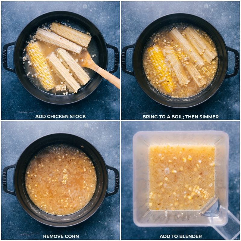 Add chicken stock to the pan; bring to a boil and simmer; remove the cobs; blend the soup