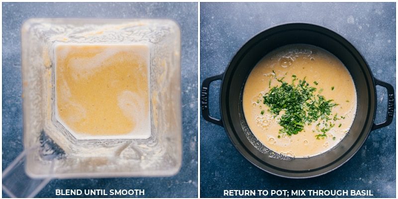 Blend soup until smooth; return to the pot and mix in the basil for this corn soup recipe.