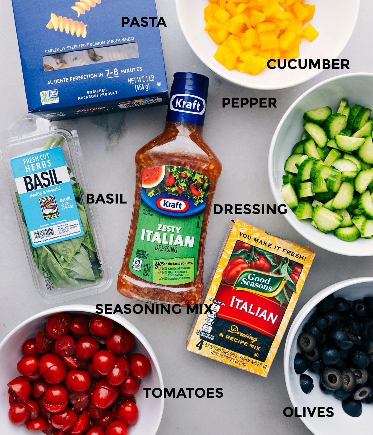 All the ingredients in this recipe prepped out for straightforward assembly.