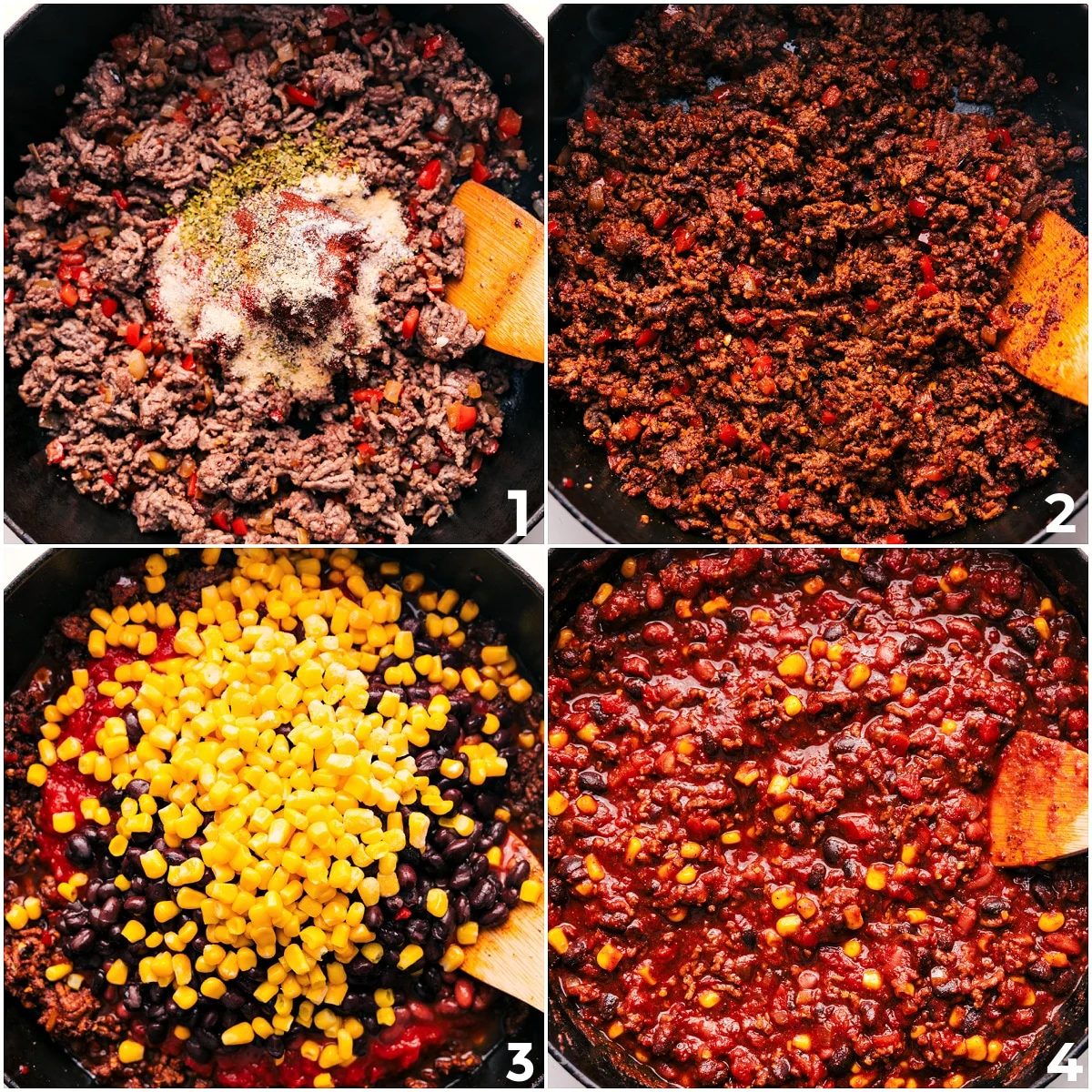 The beef being browned through and seasonings being added in then tomatoes, black beans, and corn mixed into it for this cornbread casserole recipe.