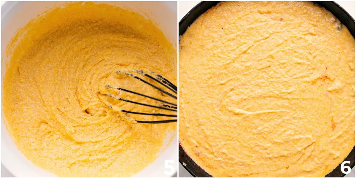 The cornbread recipe whisked together in a bowl and then poured over the chili dish to be baked together.