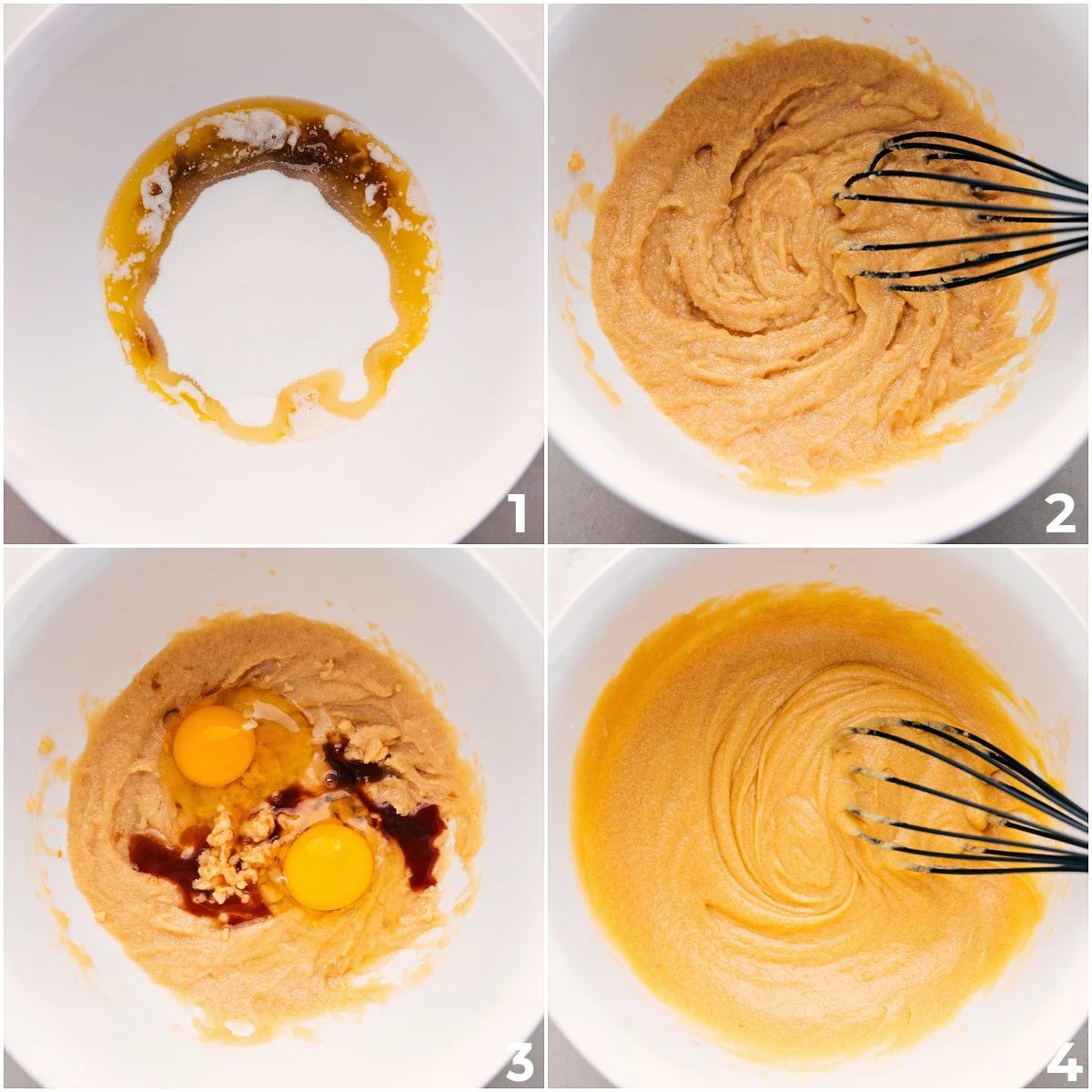 All the wet ingredients for this recipe whisked together in a large bowl.
