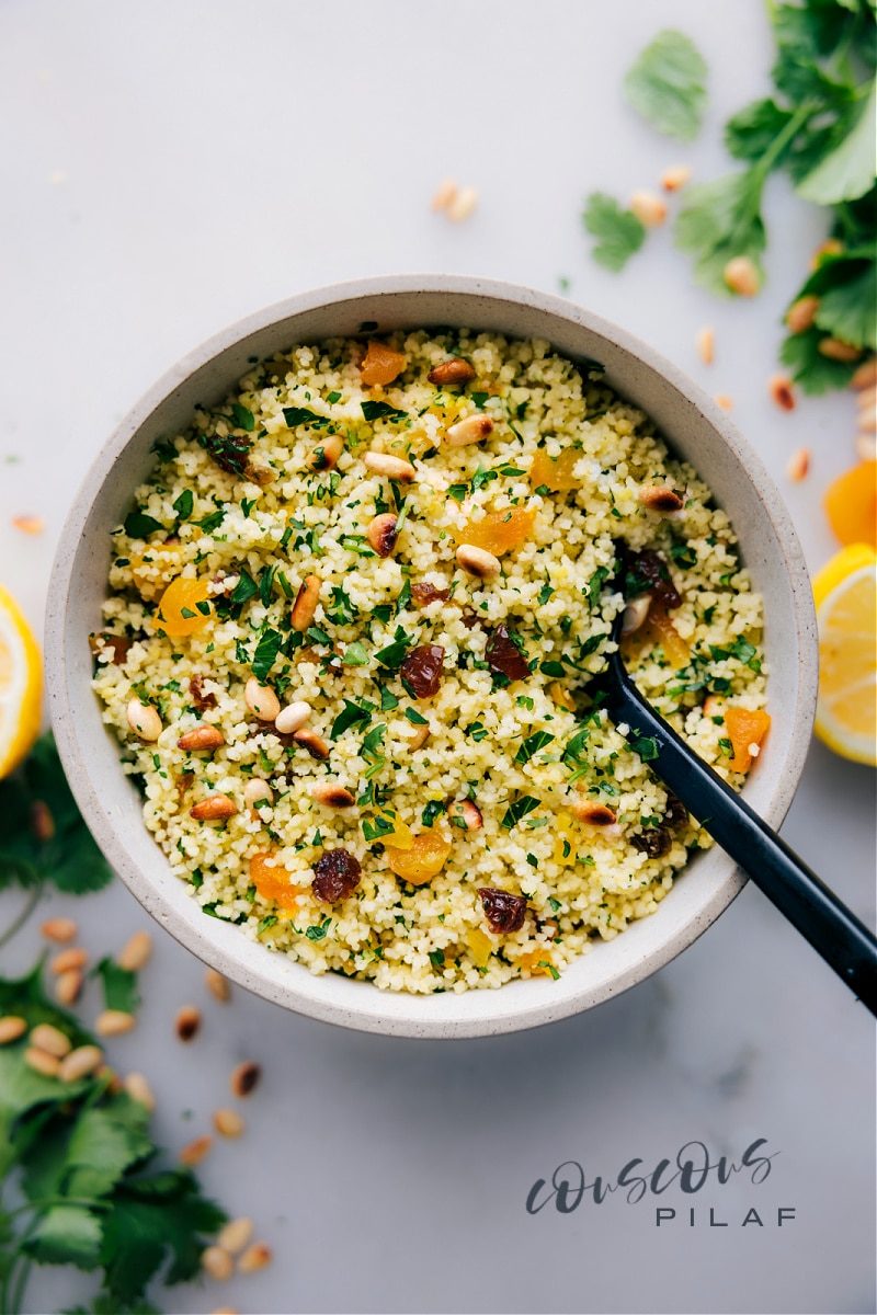 Couscous Recipe in a bowl with the mix-ins added in.