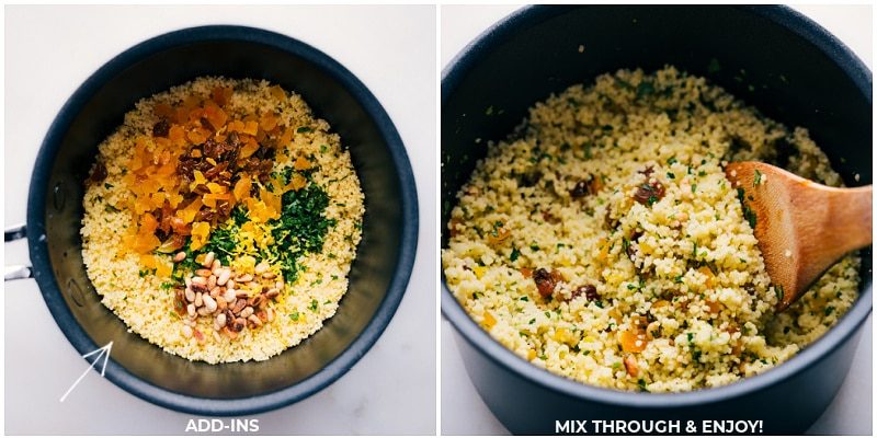 The extra ingredients being added in to this couscous recipe.