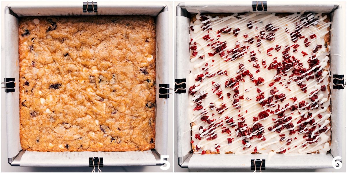 The baked bars out of the oven with the white chocolate topping and fresh chopped cranberries on top.