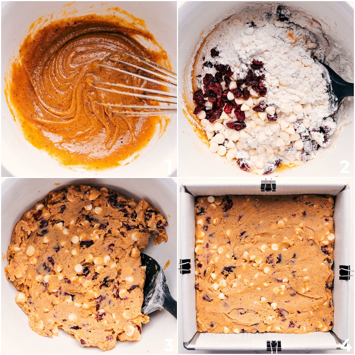 Making the cranberry bliss bars dough base and spread into the base of a pan to bake.