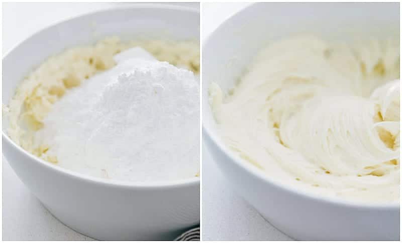 Process shots of making straightforward cream cheese frosting