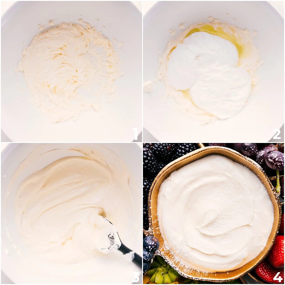 The four ingredients in this cream cheese fruit dip recipe being mixed together in a bowl.