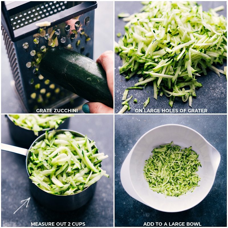Grate zucchini on large holes of a grater; measure out 2 cups and add to a large bowl.