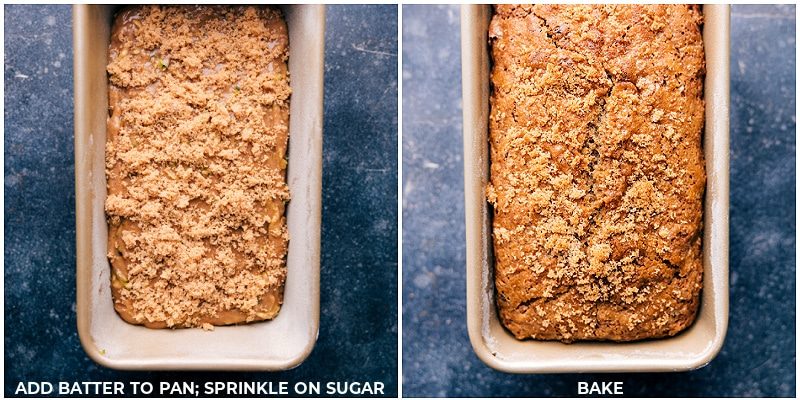 The Zucchini Bread Recipe batter placed in a bread pan with a sprinkle of sugar and the finished bread after baking