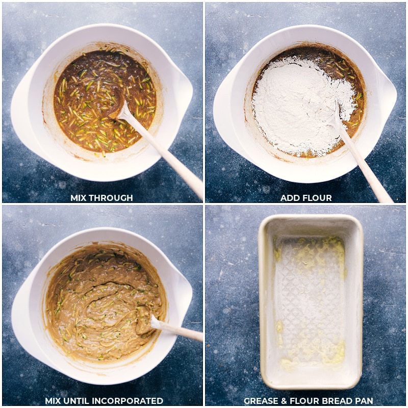 Mix the batter well; add flour and mix briefly; grease and flour a loaf pan.