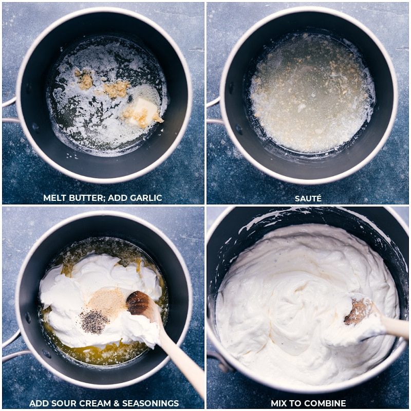 Melt butter and add garlic; sauté; add sour cream and seasonings; mix to combine.