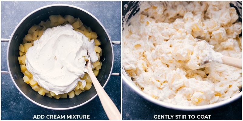 Add sour cream mixture to the cooked potatoes, then mix together for the reliable creamed potatoes recipe.
