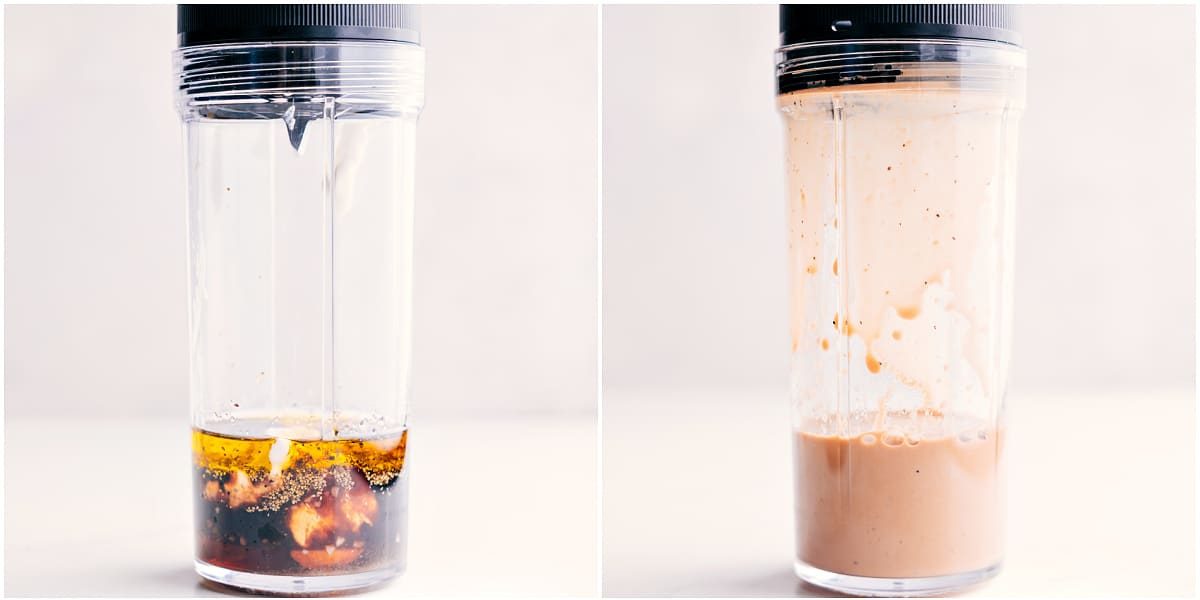 All the ingredients in this creamy balsamic dressing recipe added to a blender.