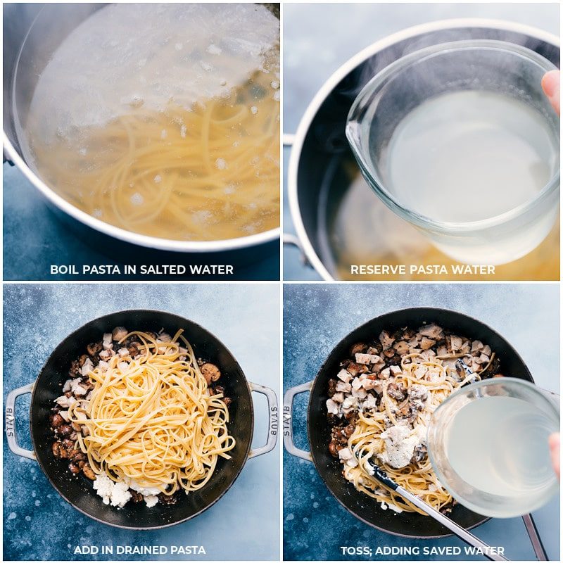 Pasta cooking, then added to the skillet along with extra pasta water to bring the creamy chicken pasta together.