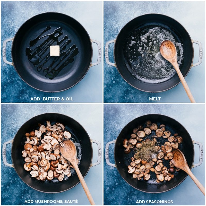 Butter and oil melting in the skillet, followed by mushrooms sautéing with seasonings for this creamy chicken pasta.