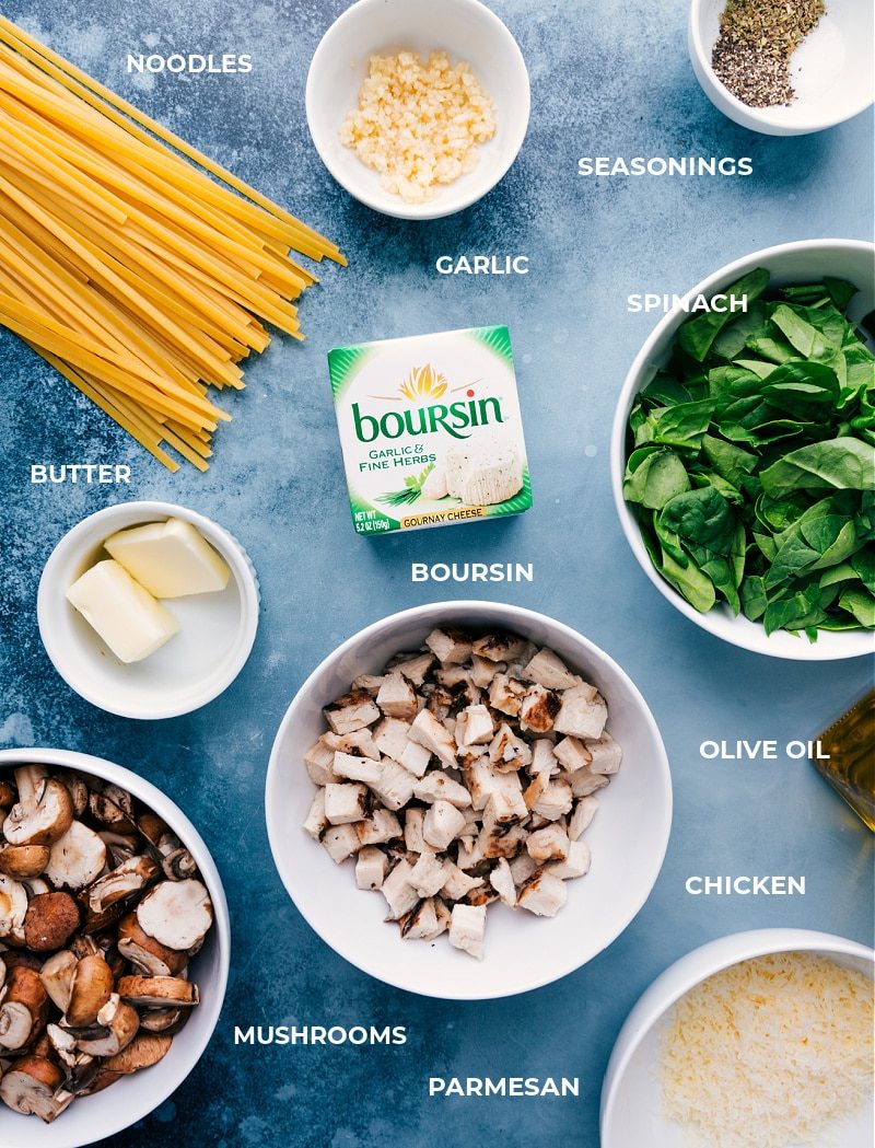 All the ingredients for this recipe laid out for straightforward assembly—meat, fettuccine, spinach, seasonings, garlic, olive oil, mushrooms, and Parmesan.