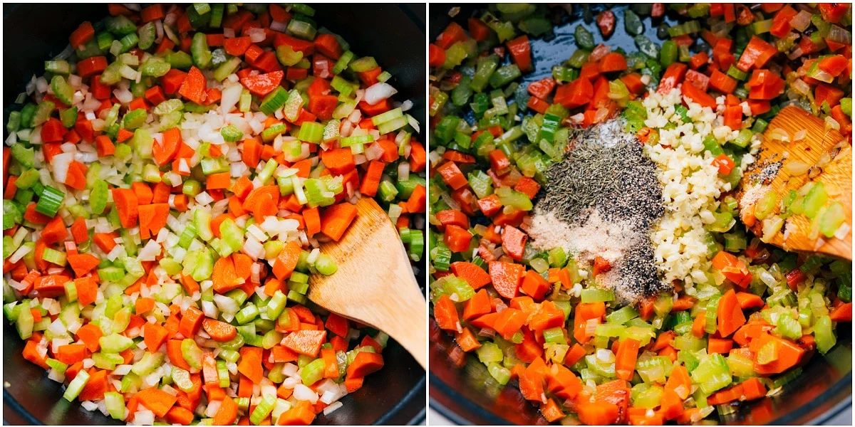 The mirepoix mixture sautéing before the garlic and seasonings are added for this Creamy Chicken Tortellini Soup.