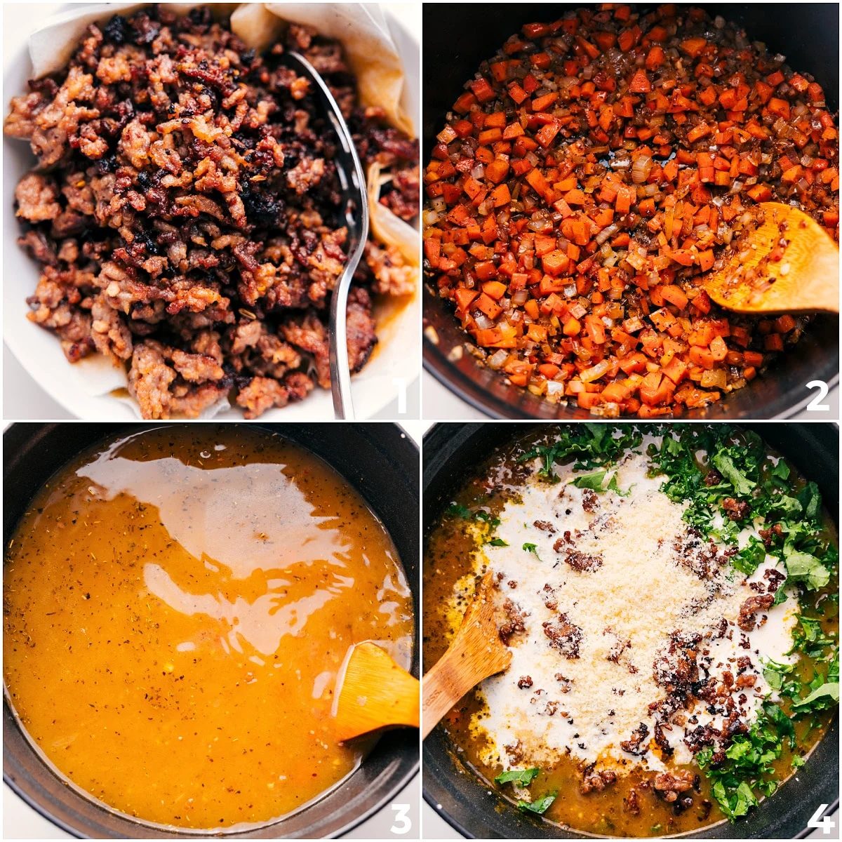 Sausage browned, veggies sautéed, and everything simmering together before cream, kale, Parmesan, and sausage are added for creamy Parmesan Italian sausage soup.