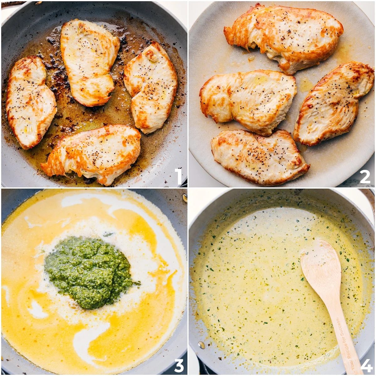 Chicken cooked to perfection in a skillet, then removed while cream, butter, and pesto are added to create a creamy pesto sauce.