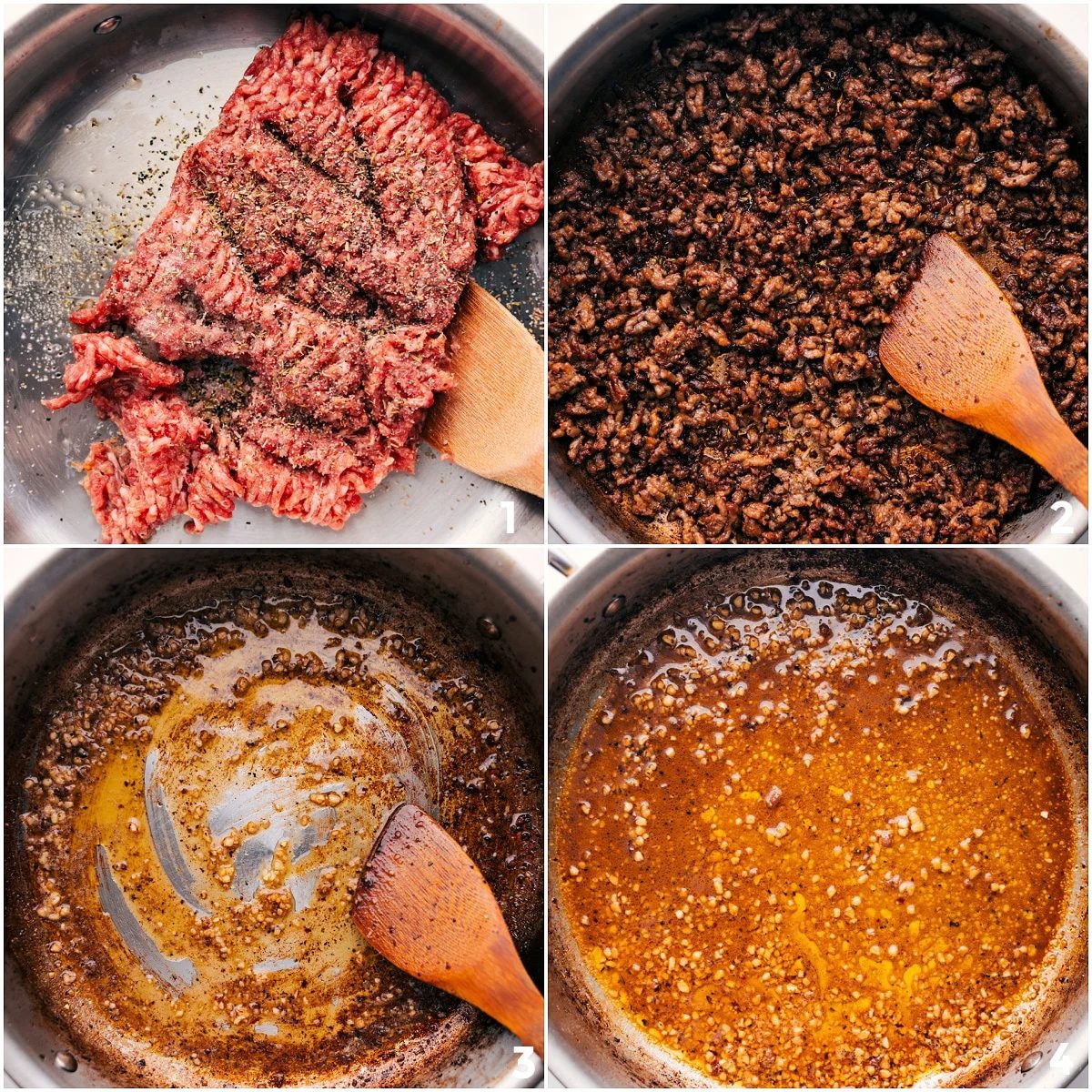 Sausage browned and removed from the skillet, then broth stirred with seasonings for creamy sausage pasta.