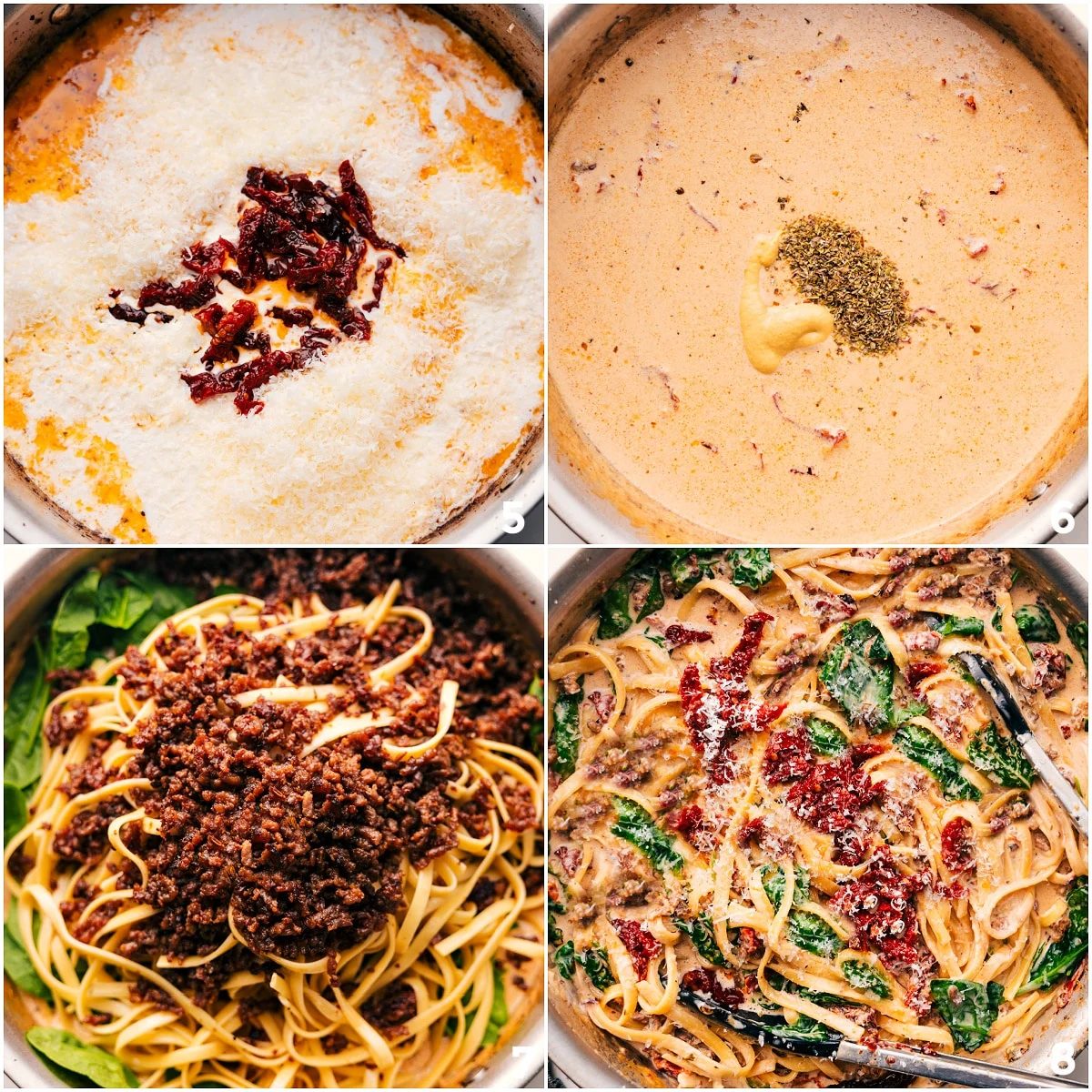 Cream sauce whisked with seasonings and Dijon mustard, then combined with pasta, sausage, spinach, and sun-dried tomatoes.