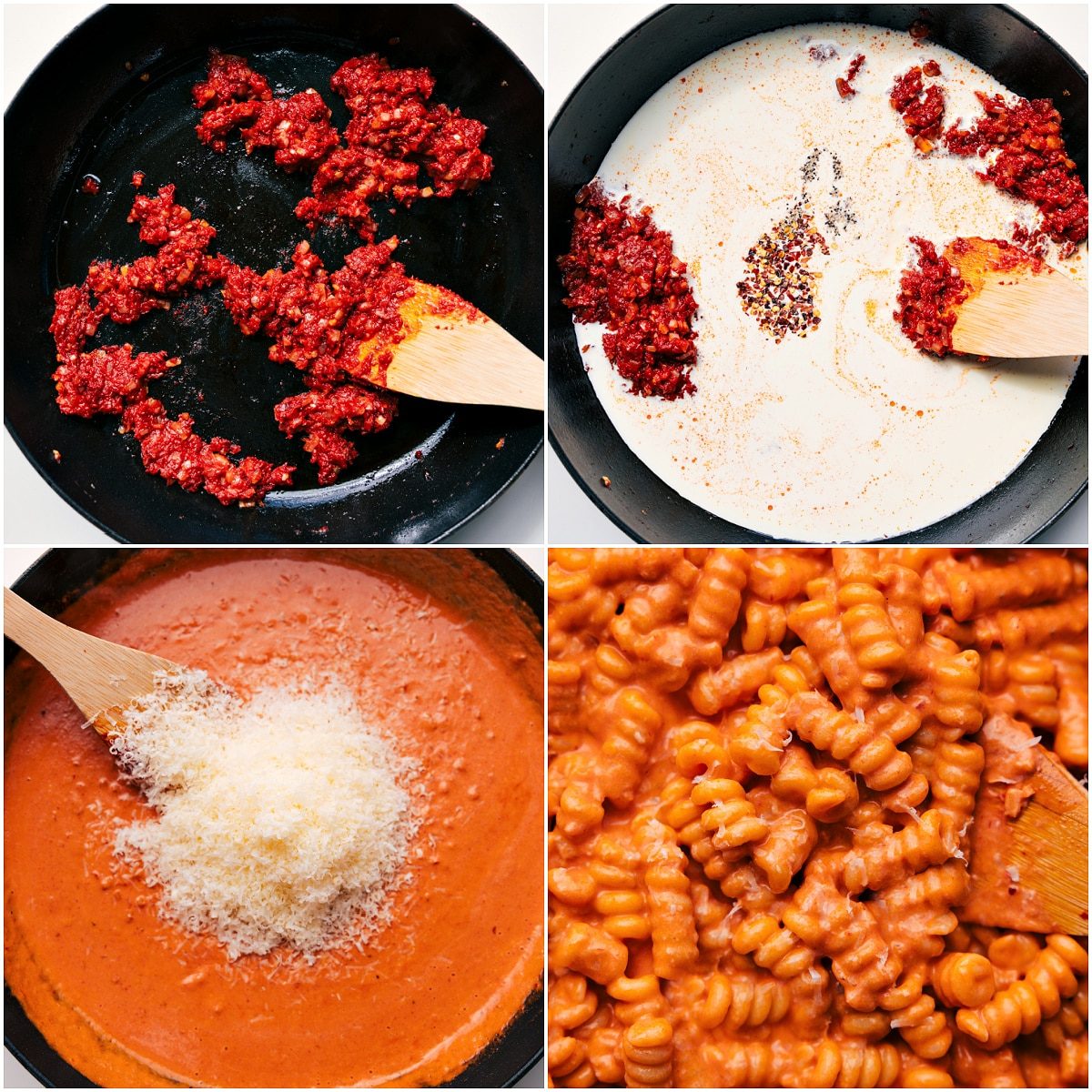 Onion sautéed in a pot with tomato paste, cream, seasonings, Parmesan, and pasta being added to make this creamy tomato pasta recipe.