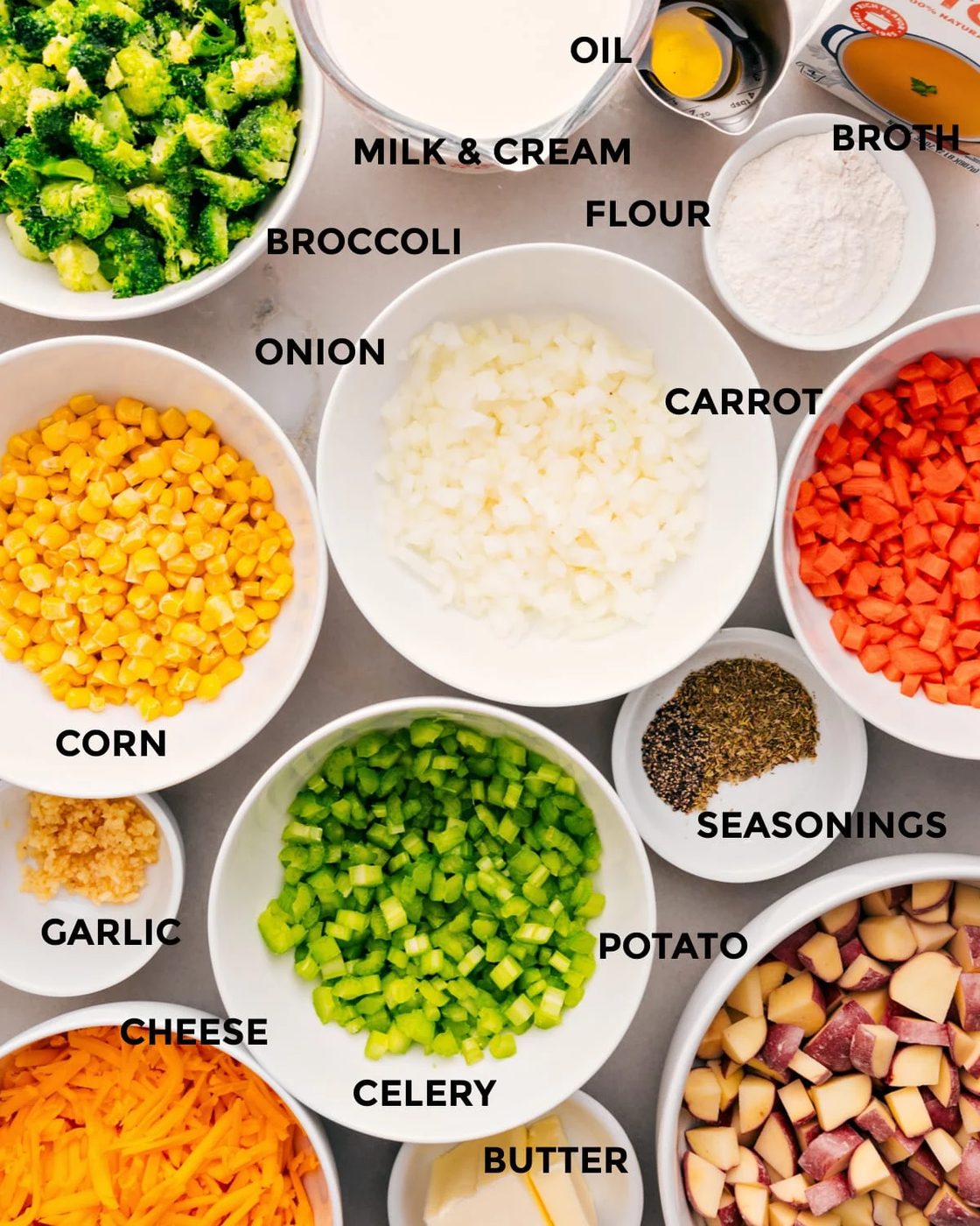 All the ingredients for this recipe are prepped for straightforward assembly: veggies, flour, broth, milk, cream, seasonings, cheese, and butter.