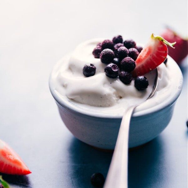 satisfying bowl of vanilla frozen yogurt with toppings.