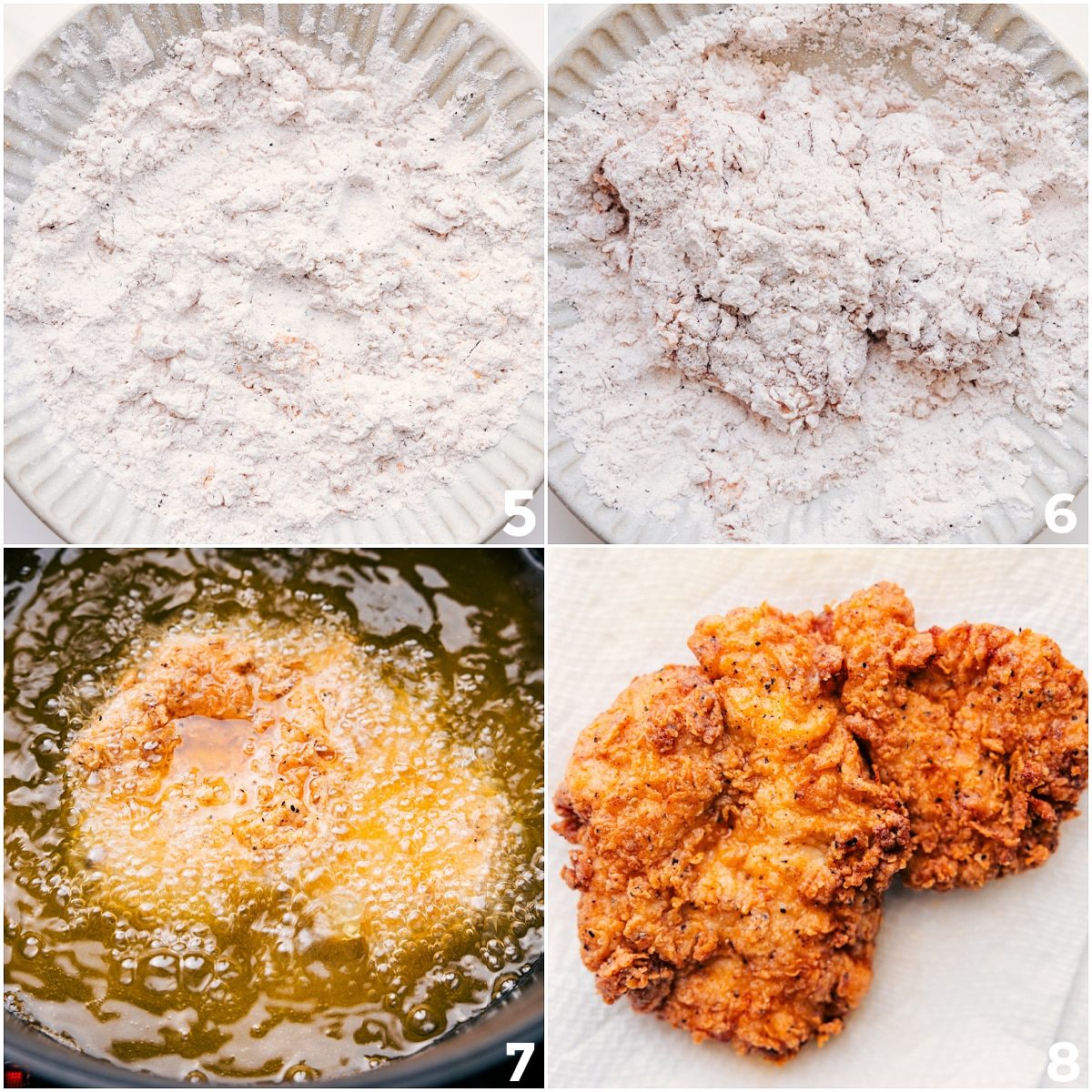 Chicken coated in dry rub and fried until the edges turn golden and crispy.