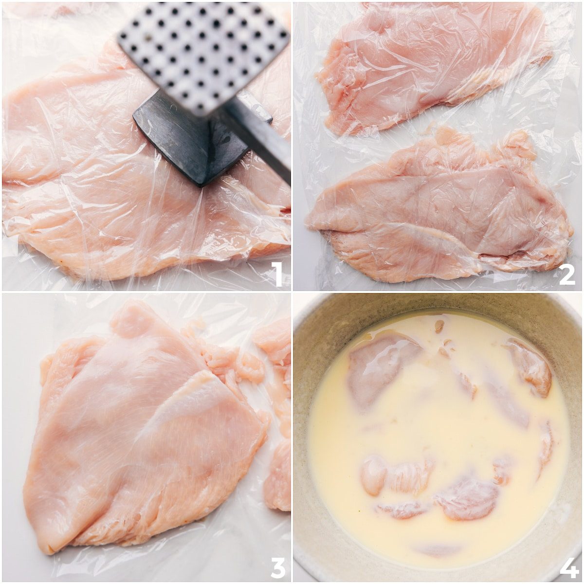 Chicken being prepped for crispy chicken sandwiches by slicing in half, pounding to even thickness, and marinating.