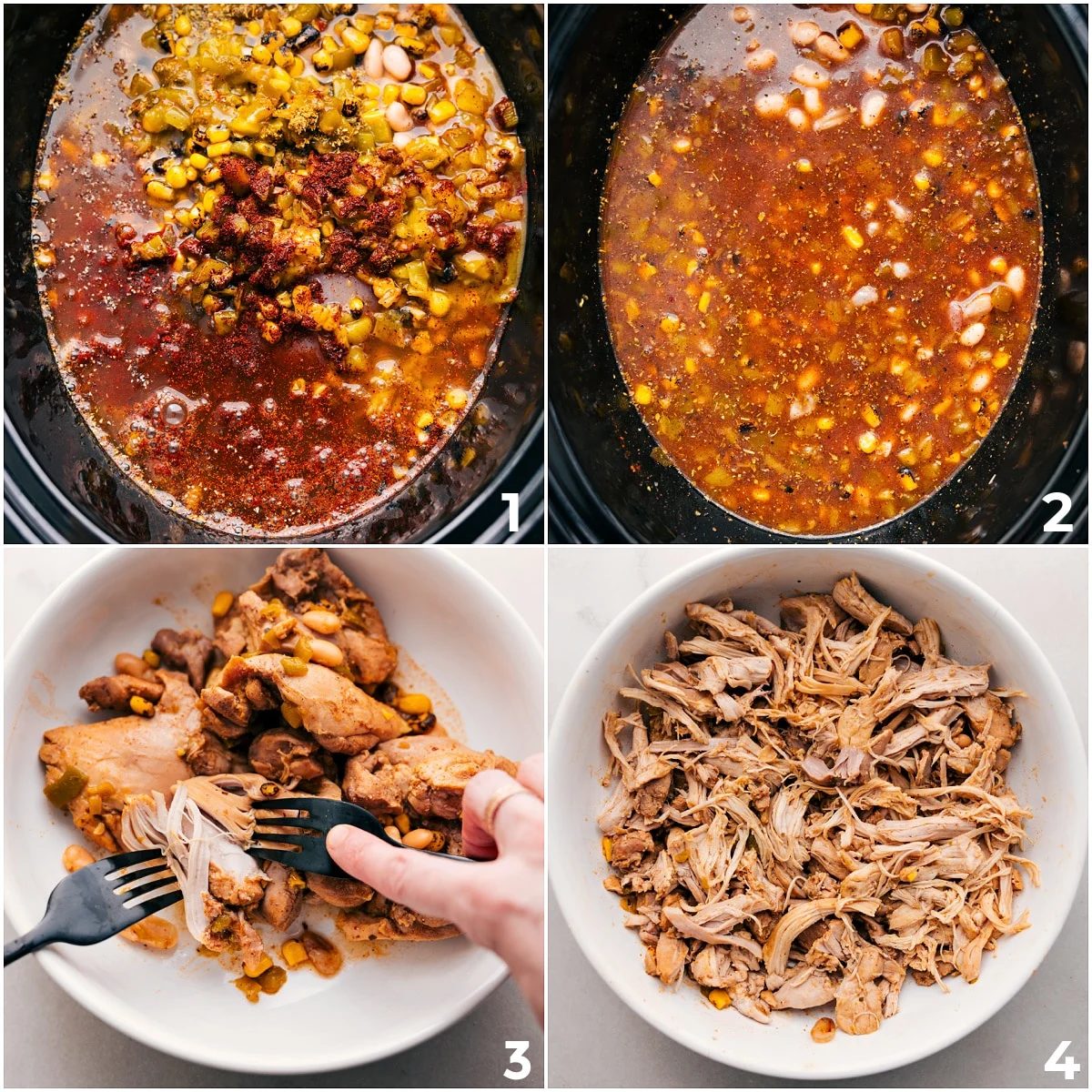 Add all the ingredients for this slow cooker white chicken chili to the slow cooker to cook, then remove the chicken to shred.
