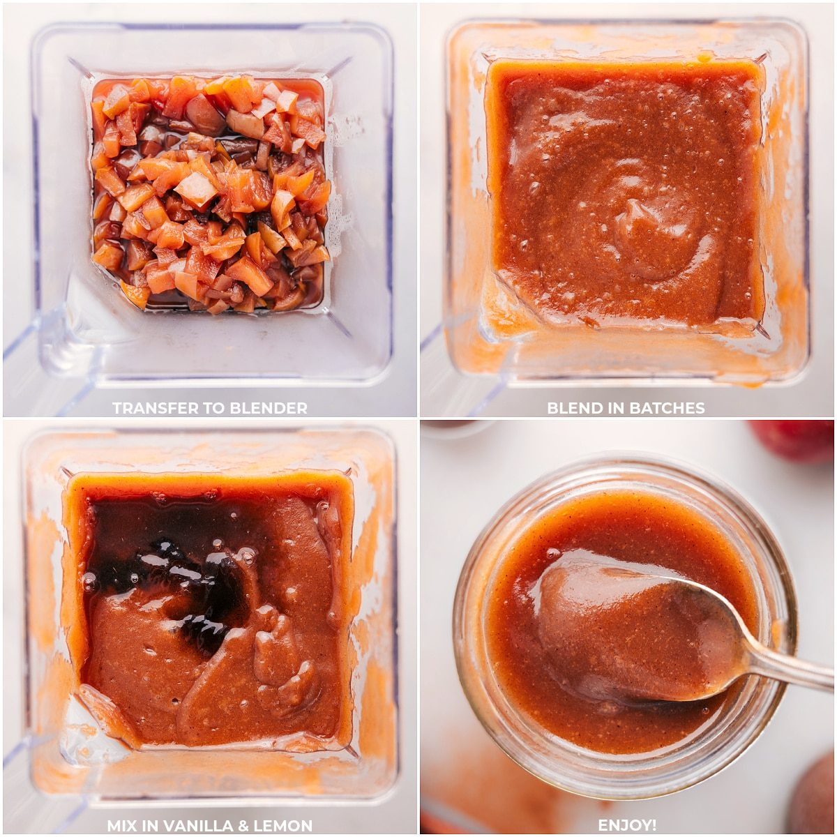 Blending batches of cooked apple mixture until smooth, with a final shot of the creamy slow cooker apple butter ready to be enjoyed.