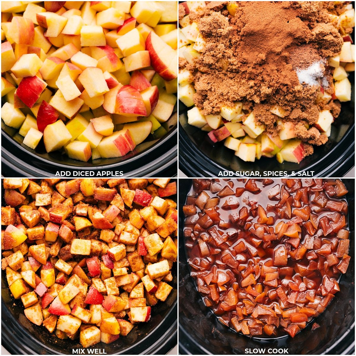 Ingredients including fresh apples, spices, vanilla, and sugar, being added to a slow cooker for simmering.