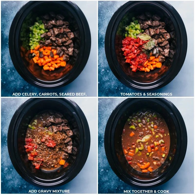 All the ingredients being added to the slow cooker to slow cook.