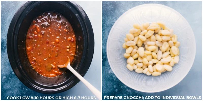 Gnocchi being added to the slow cooker beef stew recipe.
