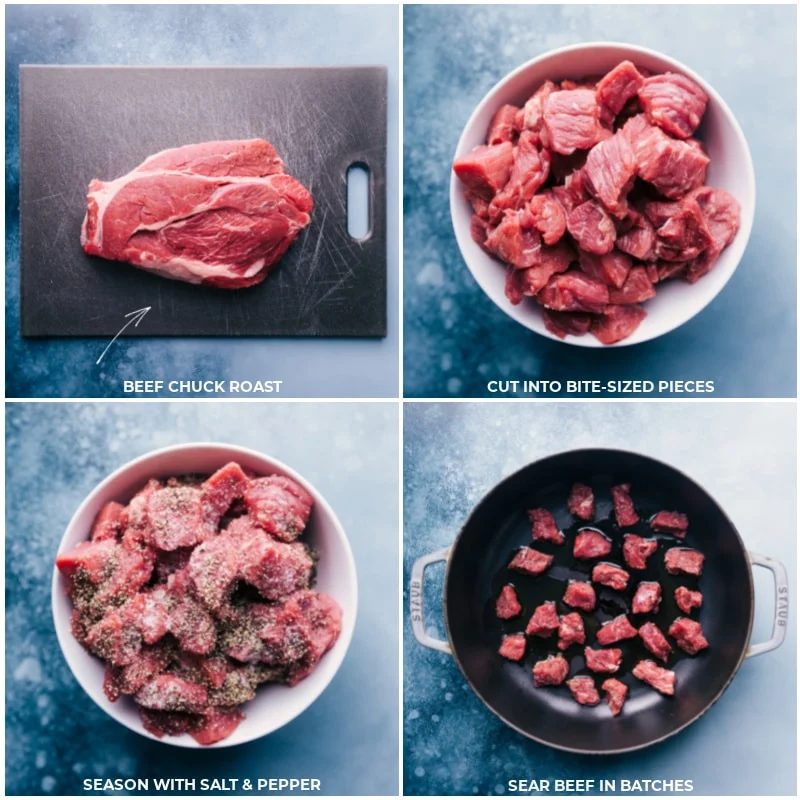The chuck roast being cut into bite-sized pieces, seasoned with salt and pepper, and being seared.
