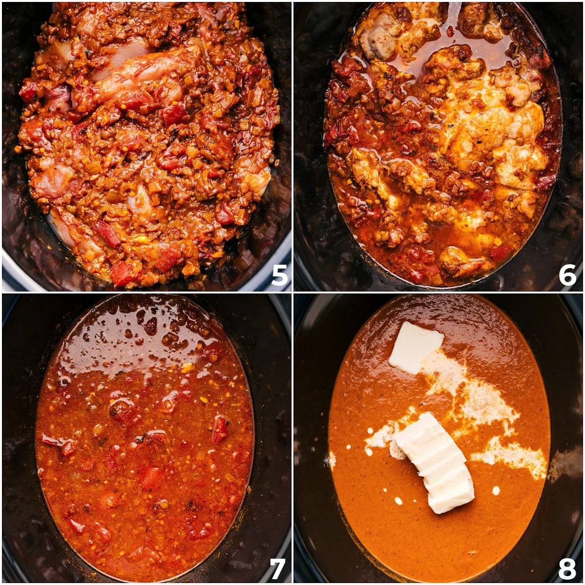 The chicken and onion mixture is added to the slow cooker with tomatoes, then slow-cooked. Butter and cream are stirred in, and the chicken is shredded to complete this slow cooker Butter Chicken.